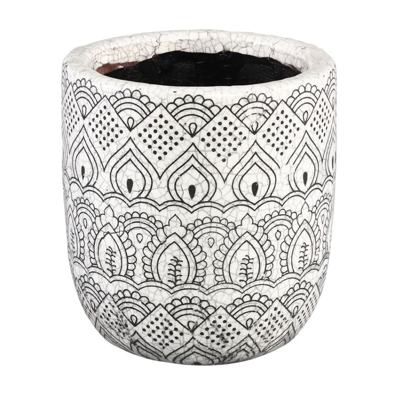 Tika White Ceramic Pot Art Deco Round (Small)
